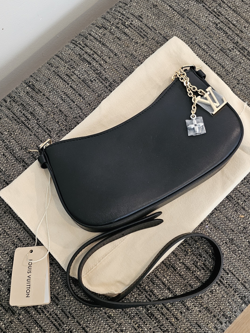 Louis Vuitton Black Leather Crossbody with Gold LV Charm